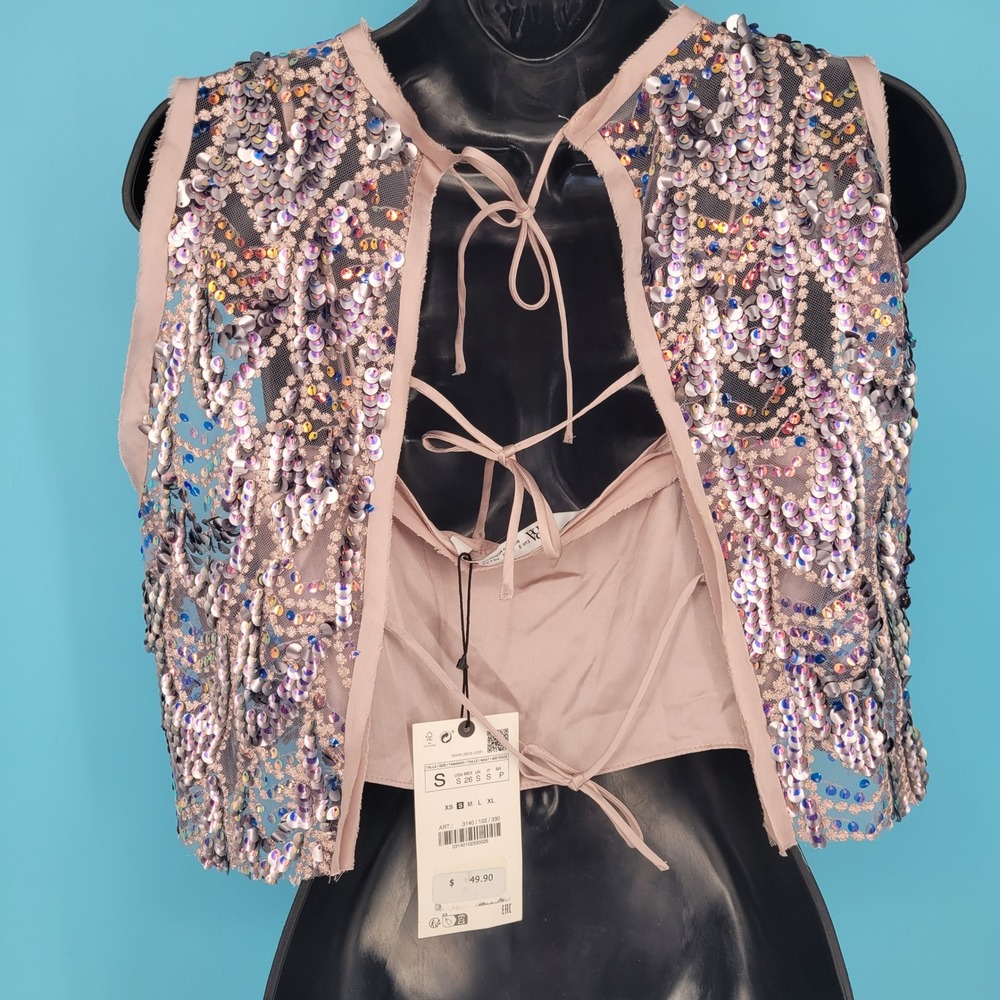 NWT ZARA Embellished Sequin Blouse Top Tank Cropped Sheer Beaded Pastel Sparkly - Picture 7 of 12